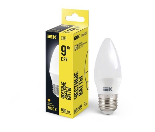 Лампа светодиодная ECO C35 9Вт свеча 3000К E27 230В IEK LLE-C35-9-230-30-E27 1273608 - фото 16745646