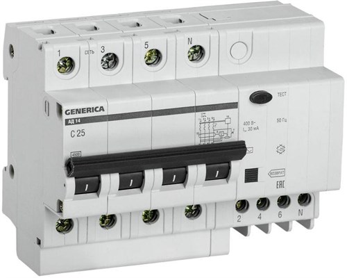 Выключатель автоматический дифференциального тока 4п 25А 30мА АД14 GENERICA MAD15-4-025-C-030 476460 - фото 16745887