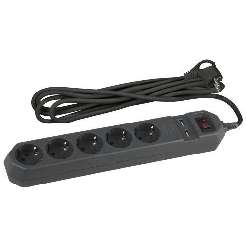 Удлинитель с сетевым фильтром 5х1.5м с заземл. 10А IP20 2хUSB ПВС 3х0.75 с выкл. черн. Эра Б0019036 474269 - фото 16745902