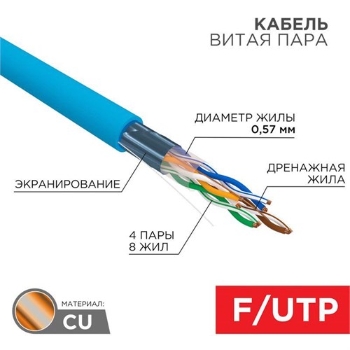 Кабель витая пара F/UTP кат.6 4х2х23AWG solid CU PVC син. (м) Rexant 01-0147 119251 - фото 16747134