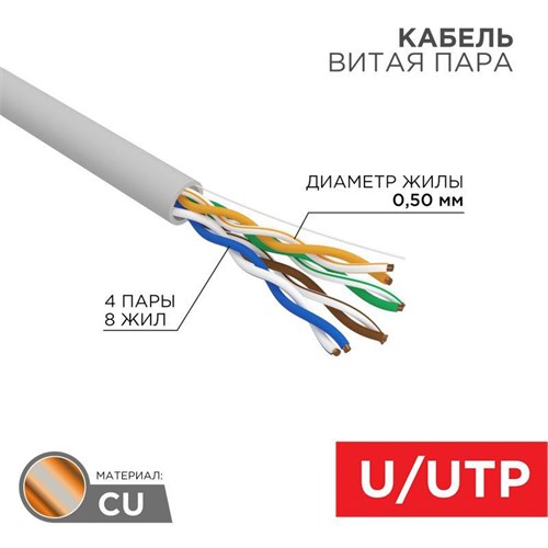 Кабель витая пара U/UTP кат.5E 4х2х24AWG solid CU ZH нг(А)-HF сер. (305м) Rexant 01-0069 1804405 - фото 16748269