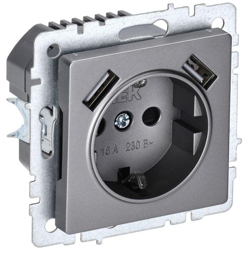Розетка BRITE РЮш10-1-БрС 16А с USB A+A 2.1А с заземл. защ. шторки механизм сталь IEK BR-R14-16-U21-D21-K46 1679772 - фото 16748632