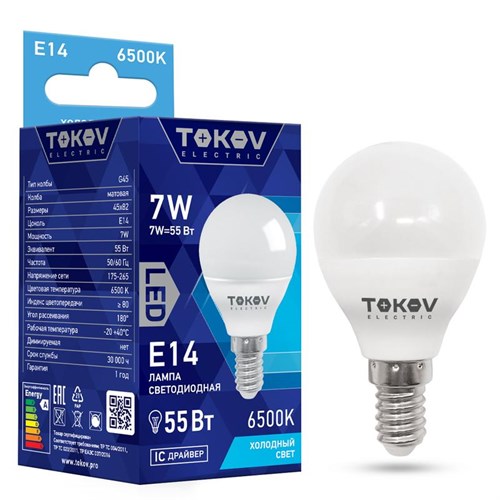 Лампа светодиодная 7Вт G45 6500К Е14 176-264В TOKOV ELECTRIC TKE-G45-E14-7-6.5K 1660392 - фото 16748685
