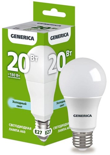 Лампа светодиодная A60 20Вт грушевидная 6500К E27 230В GENERICA LL-A60-20-230-65-E27-G 1647606 - фото 16748758
