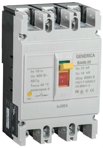 Выключатель автоматический 3п 200А 25кА ВА66-35 GENERICA SAV30-3-0200-G 1241848 - фото 16749771