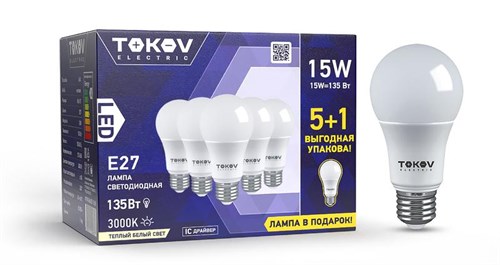 Набор ПРОМО лампа светодиодная 15Вт А60 3000К Е27 176-264В (Promo 5+1 шт) TOKOV ELECTRIC Promo-A60-E27-15-3K 1766746 - фото 16751583