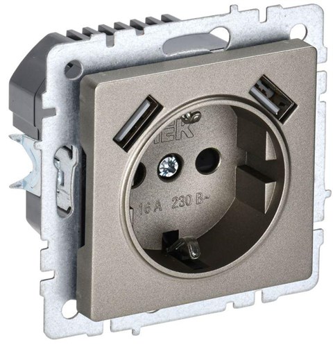 Розетка BRITE РЮш10-1-БрШ 16А с USB A+A 2.1А с заземл. защ. шторки механизм шампань IEK BR-R14-16-U21-D21-K37 1679760 - фото 16752673