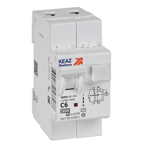 Выключатель автоматический дифференциального тока 2п с защитой от сверхтоков OptiDin D63-22C6-AC-У3 C6 30мА 4.5кА КЭАЗ 328103 1671000 - фото 16752676