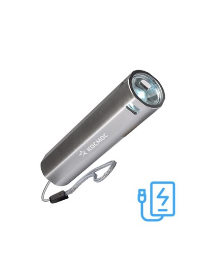 Фонарь аккумуляторный ручной LED 1Вт линза аккум. Li-ion 18650 1.2А.ч Power-bank USB-шнур ABS-пластик КОСМОС KOS116Lit 584431 - фото 16752705