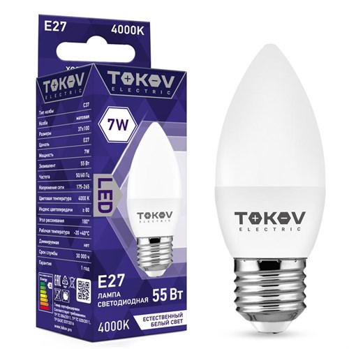 Лампа светодиодная 7Вт С37 4000К Е27 176-264В TOKOV ELECTRIC TKE-C37-E27-7-4K 1660403 - фото 16752715
