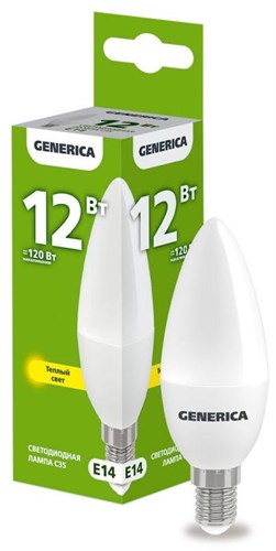 Лампа светодиодная C35 12Вт свеча 3000К E14 230В GENERICA LL-C35-12-230-30-E14-G 1647618 - фото 16752760