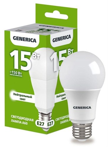 Лампа светодиодная A60 15Вт грушевидная 4000К E27 230В GENERICA LL-A60-15-230-40-E27-G 1647602 - фото 16752766