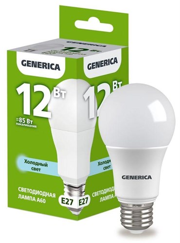 Лампа светодиодная A60 12Вт грушевидная 6500К E27 230В GENERICA LL-A60-12-230-65-E27-G 1647600 - фото 16752767