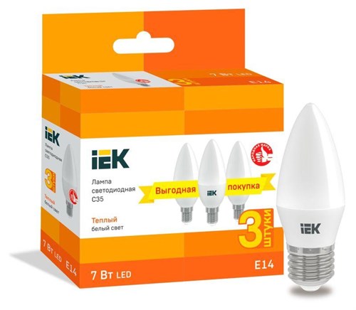 Лампа светодиодная C35 свеча 7Вт 230В 3000К E14 (уп.3шт) IEK LLE-C35-07-230-30-E14-3 1396895 - фото 16753296