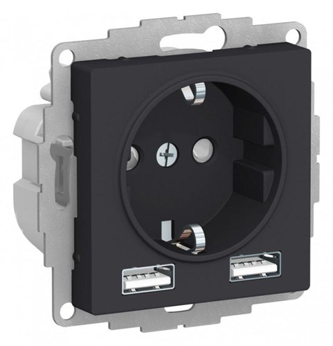 Розетка 1-м СП AtlasDesign 16А IP20 с 2-мя заряд. устройствами USB тип A+A 5В/2.4А 2х5В/1.2А механизм карбон SE ATN001030 1340085 - фото 16753450