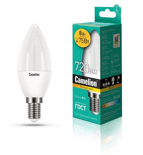 Лампа светодиодная LED8-C35/830/E14 8Вт свеча 3000К тепл. бел. E14 720лм 170-265В Camelion 12385 439680 - фото 16753919