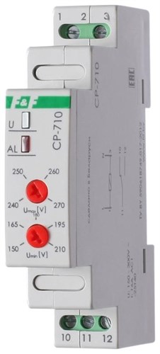 Реле напряжения CP-710 (однофазный; контроль верхнего и нижнего значений напряжения; монтаж на DIN-рейке 35мм; 230В 16А 1P IP20) F&F EA04.009.001 320282 - фото 16754271