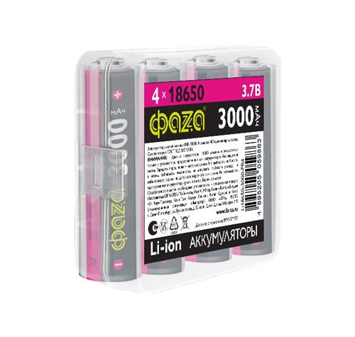 Аккумулятор 18650 3.7В Li-Ion 3000мА.ч без платы защиты PB-4 (уп.4шт) ФАZА 5059863 1897117 - фото 16755988