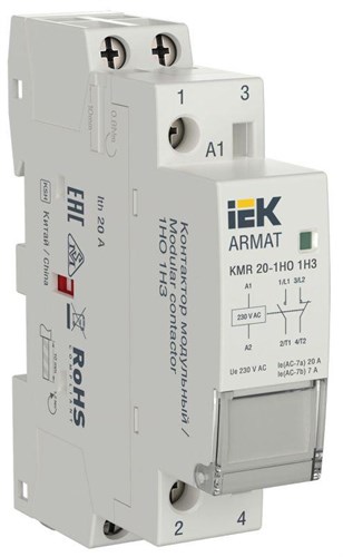 Контактор модульный KMR 20А 230В AC 1НО 1НЗ ARMAT IEK AR-KMR10-020-11-230 1816535 - фото 16756125
