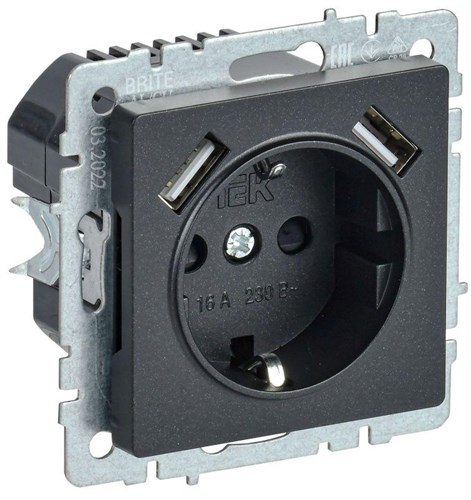 Розетка BRITE РЮш10-2-БрЧ 16А с USB A+A 3.1А с заземл. защ. шторки механизм черн. IEK BR-R14-16-U21-D31-K02 1679797 - фото 16756663