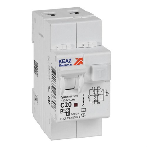 Выключатель автоматический дифференциального тока 2п с защитой от сверхтоков OptiDin D63-23C20-AC-У3 C20 100мА 4.5кА КЭАЗ 328106 1671003 - фото 16756695