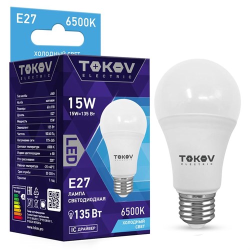 Лампа светодиодная 15Вт А60 6500К Е27 176-264В TOKOV ELECTRIC TKE-A60-E27-15-6.5K 1660373 - фото 16756723