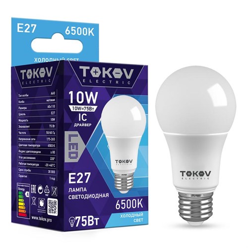Лампа светодиодная 10Вт А60 6500К Е27 176-264В TOKOV ELECTRIC TKE-A60-E27-10-6.5K 1660367 - фото 16756725