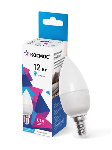 Лампа светодиодная 12Вт свеча 4500К бел. E14 1070лм 174-265В КОСМОС LkecLED12wCNE1445 584462 - фото 16756732