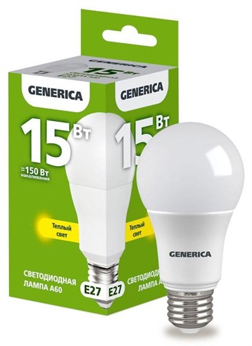 Лампа светодиодная A60 15Вт грушевидная 3000К E27 230В GENERICA LL-A60-15-230-30-E27-G 1647601 - фото 16756781