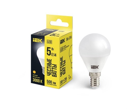 Лампа светодиодная Eco G45 5Вт шар 3000К тепл. бел. E14 450лм 230-240В IEK LLE-G45-5-230-30-E14 422013 - фото 16758157