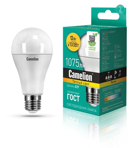 Лампа светодиодная LED13-A60/830/E27 13Вт грушевидная матовая 3000К тепл. бел. E27 1075лм 170-265В Camelion 12045 397031 - фото 16758343