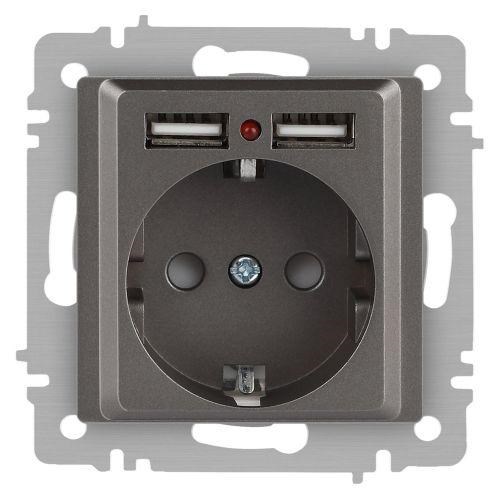 Розетка Accent 6-410-09 P+E Schuko со шторками 16А-250В + 2хUSB IP20 СУ титан Intro Б0063711 1931530 - фото 16759980