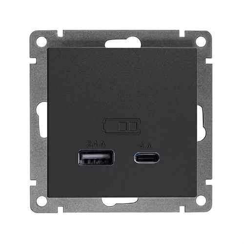 Розетка 2-м USB СП Афина тип А+С 5В 1х2.4А 2х4А механизм графит Universal А0059-Gr 1808189 - фото 16760351