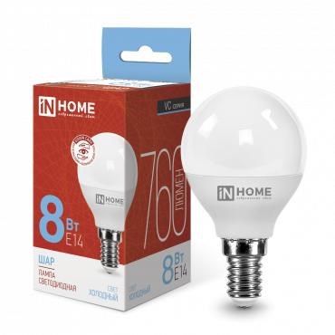 Лампа светодиодная LED-ШАР-VC 8Вт шар 6500К холод. бел. E14 760лм 230В IN HOME 4690612024882 540922 - фото 16761545