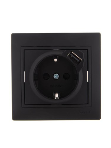 Розетка 1-м СП Mira 16А с заземл. + USB разъем черн. бархат LEZARD 701-4242-181 537327 - фото 16761574