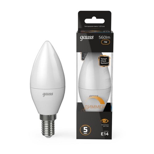 Лампа светодиодная Black 7Вт свеча 3000К тепл. бел. E14 560лм диммир. GAUSS 103101107-D 503344 - фото 16761716