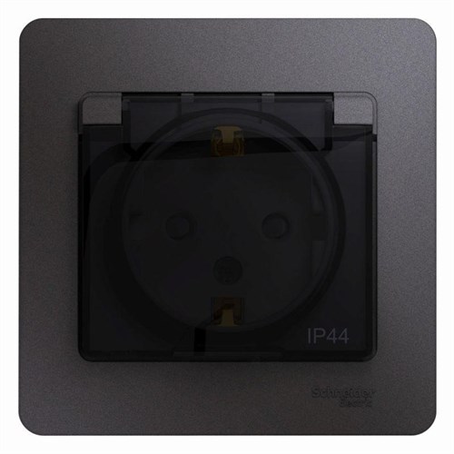 Розетка 1-м СП Glossa 16А IP44 250В с заземл. защ. шторки с крышкой в сборе графит SE GSL001348 454438 - фото 16762198