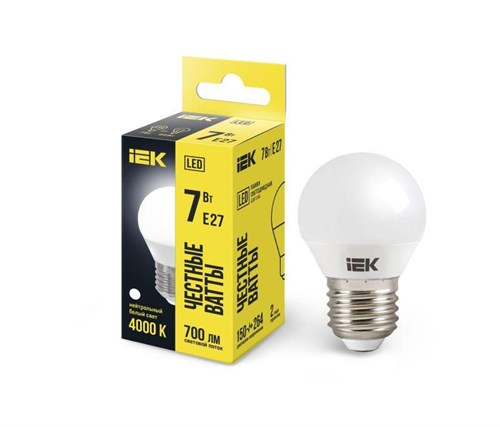 Лампа светодиодная Eco G45 7Вт шар 4000К нейтр. бел. E27 630лм 230-240В IEK LLE-G45-7-230-40-E27 422020 - фото 16762261