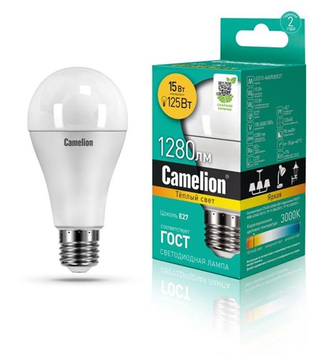 Лампа светодиодная LED15-A65/830/E27 15Вт грушевидная 3000К тепл. бел. E27 1280лм 170-265В Camelion 12196 / 12185 411899 - фото 16762317