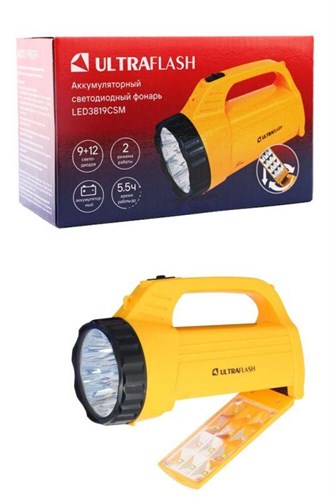 Фонарь аккумуляторный LED3819CSM 9LED + 12SMD 2 режима аккум. SLA 220В желт. Ultraflash 12102/12860 408109 - фото 16762332
