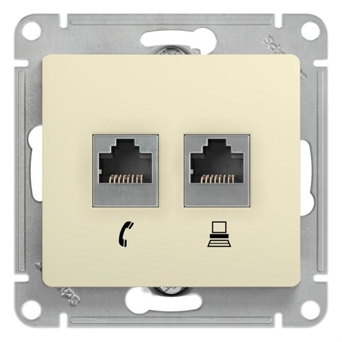 Розетка компьютерная + телефонная 2-м СП Glossa RJ45 + RJ11 кат.5E механизм беж. SE GSL000285 275241 - фото 16762614