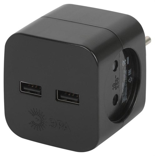 Разветвитель электрический SP-2-USB-B на 2 розетки 220В+ 2xUSB 2400мА без заземл 10А черн. Эра Б0049535 1699027 - фото 16764747