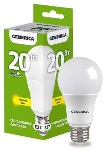 Лампа светодиодная A60 20Вт грушевидная 3000К E27 230В GENERICA LL-A60-20-230-30-E27-G 1647604 - фото 16764901