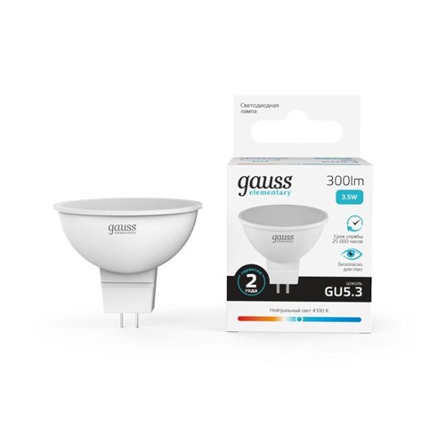 Лампа светодиодная Elementary 3.5Вт MR16 софит 4100К нейтр. бел. GU5.3 300лм GAUSS 13524 296645 - фото 16766662