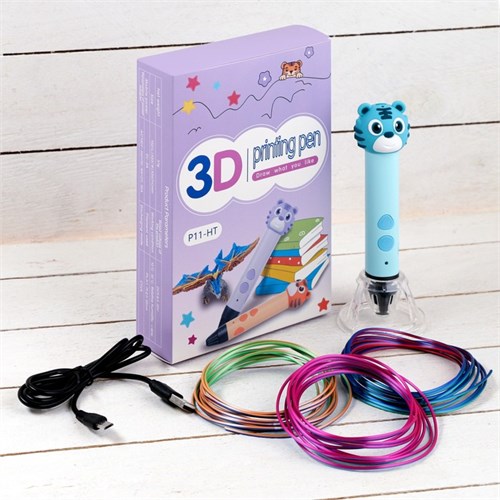 3D ручка Тигрёнок, работа с пластиком PLA, USB кабель питания, голубая 9729777 - фото 16793820
