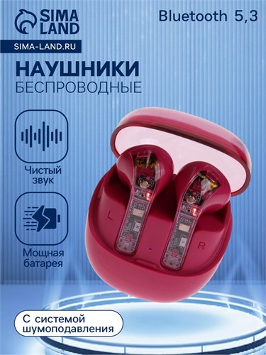Наушники беспроводные R20, TWS, вкладыши, BT 5.3 , 30/200 мАч, шумоподавление, малиновые 9940128 - фото 16796130