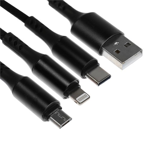 Кабель брелок 3 в 1, MicroUSB/Type-C/Lightning - USB, 2.4 А, чёрный 9940314 - фото 16797771