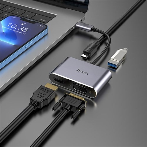 Адаптер Hoco HB30, HDMI/VGA/USB3.0/PD 15 см, серый 9881632 - фото 16800368