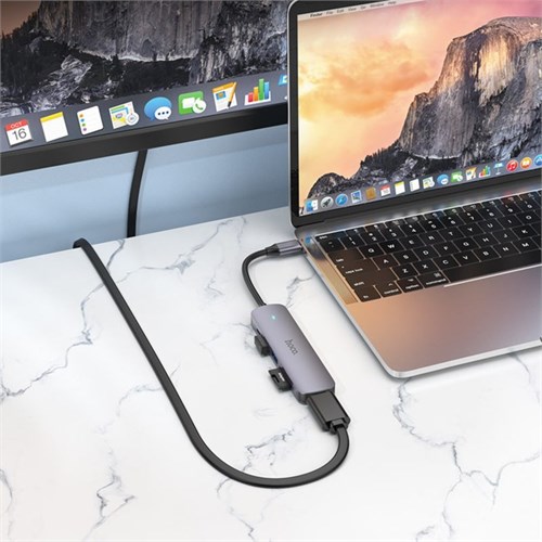 Адаптер Hoco HB28, HDMI/USB3.0/USB2.0/SD/TF/PD, 60 Вт, 3 А, 13.5 см, серый 9881633 - фото 16800380