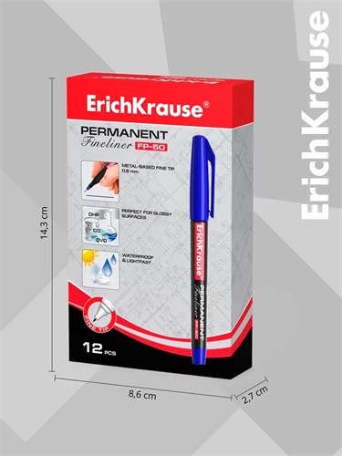 Маркер - лайнер перманентный ErichKrause FP-50, 0.6 мм, чернила на спиртовой основе, светостойкие и водостойкие, для любых поверхностей, синий 1089556 - фото 16854843